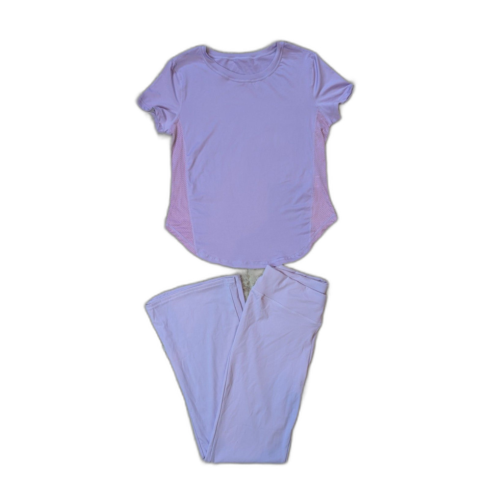 Workout Set Short Sleeve Top and Crossover Waist Leggings in Lilac Pink Size L
